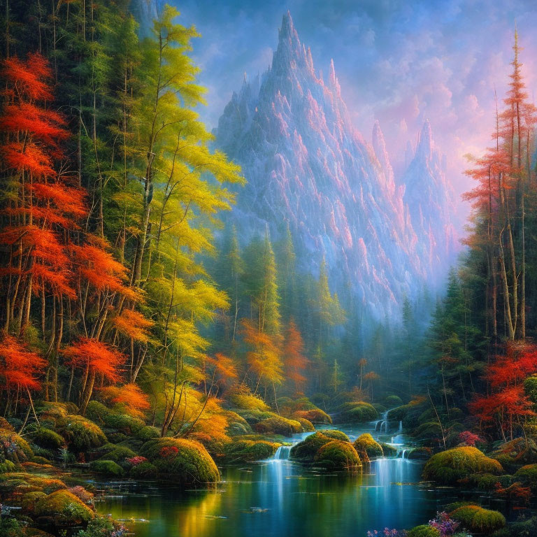 Mystical autumn forest with stream and mountain