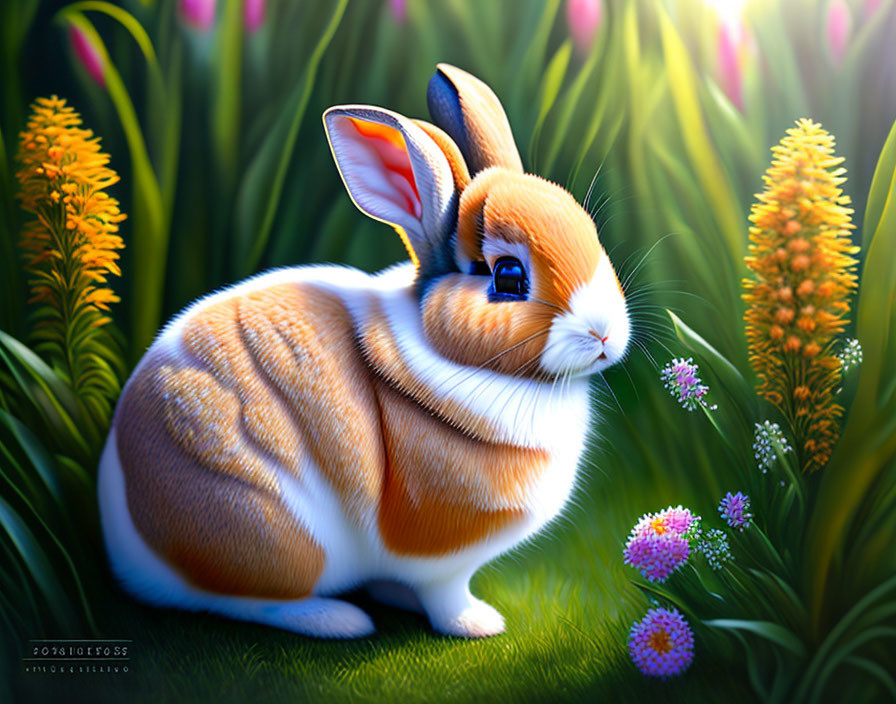 Illustrated orange and white rabbit in lush greenery with colorful flowers