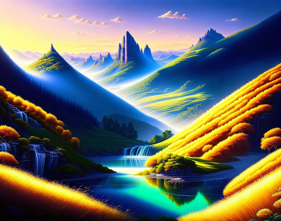 beautiful landscape:river,waterfall,mountain,sky