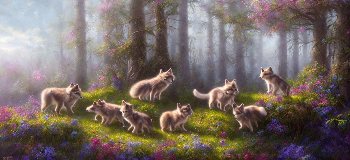 Young wolves play in colorful forest clearing among flowers