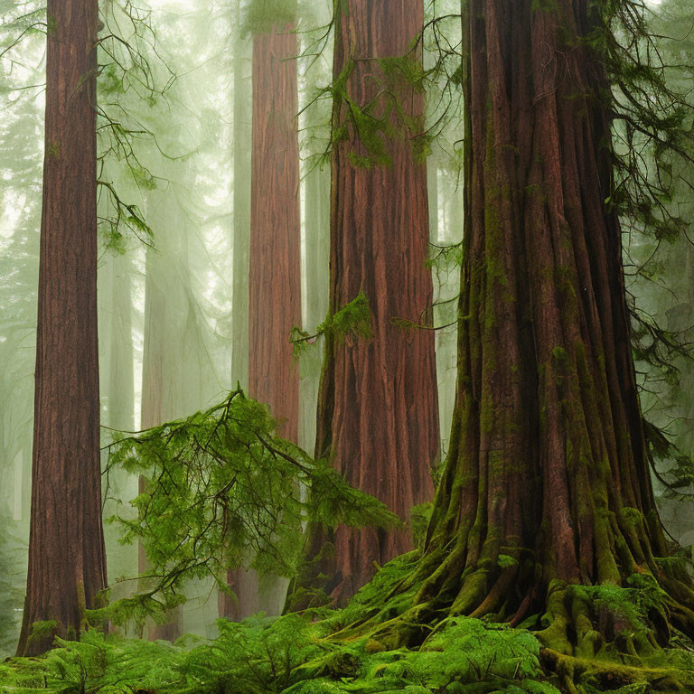 Majestic redwood trees in misty green forest