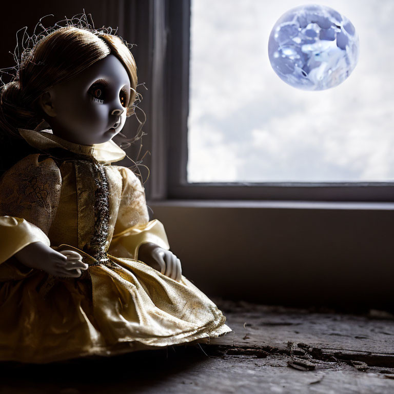 Eerie doll with button eye by window under full moon