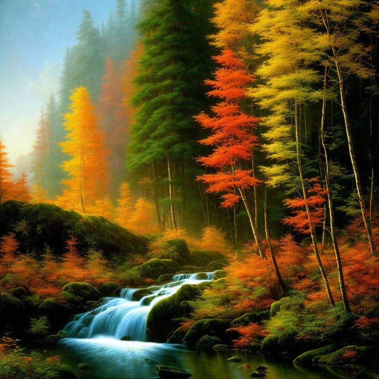 Tranquil autumn forest with waterfalls and colorful foliage