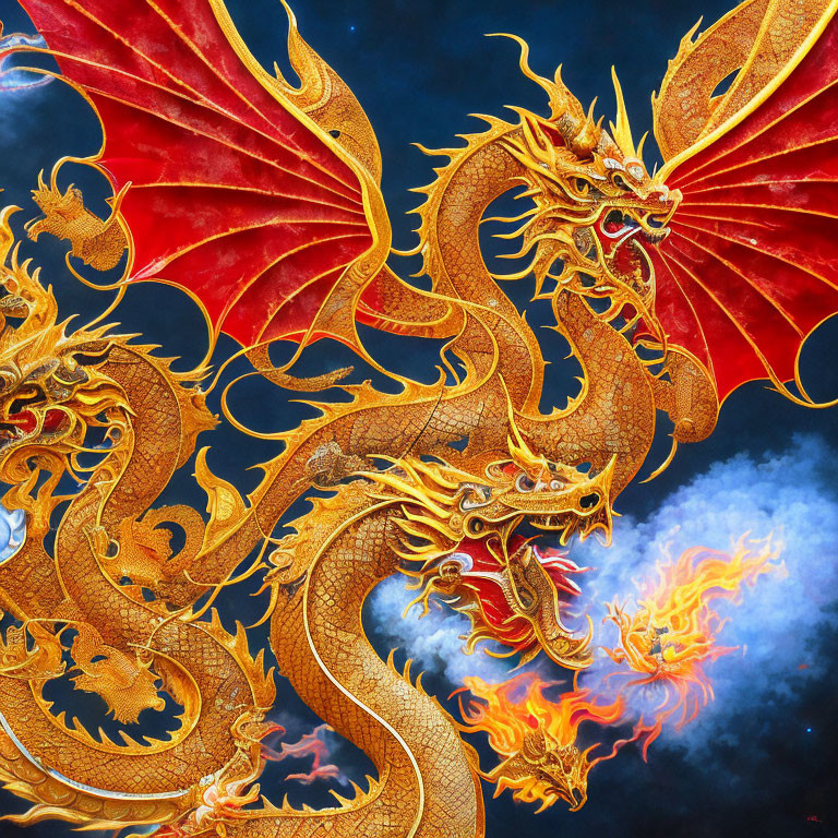 Golden Dragon with Red Wings and Fiery Breath in Starry Sky