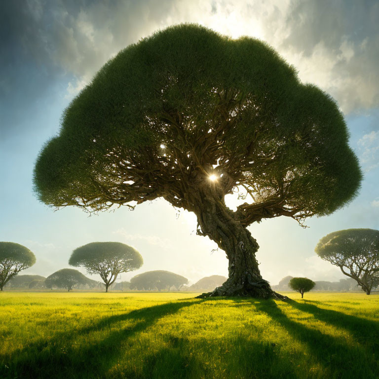 Majestic tree with broad canopy in sunlight on lush savanna