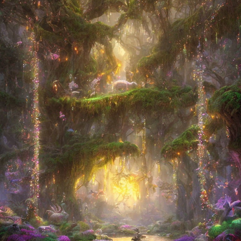 Mystical forest scene with lush trees and glowing flora