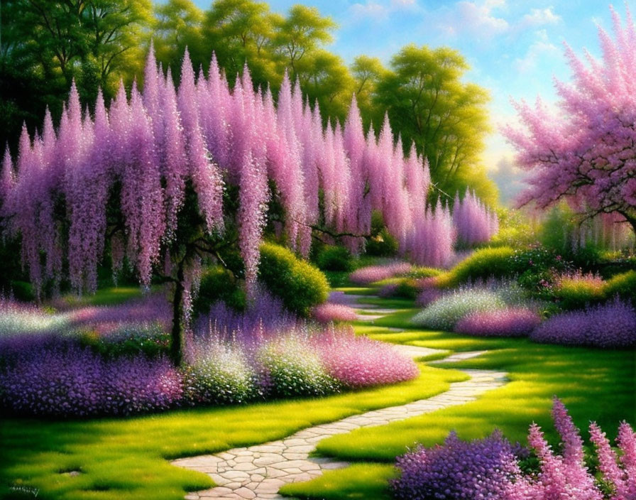 Lush garden with winding stone path and blooming wisteria trees