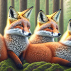Five Foxes with Vibrant Orange Fur in Forest Setting