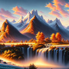 Snow-capped mountain peaks, reflective lake, sunset-colored island - serene landscape with dramatic sky