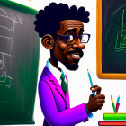 Stylized cartoon teacher characters with pointer and pencil in classroom setting