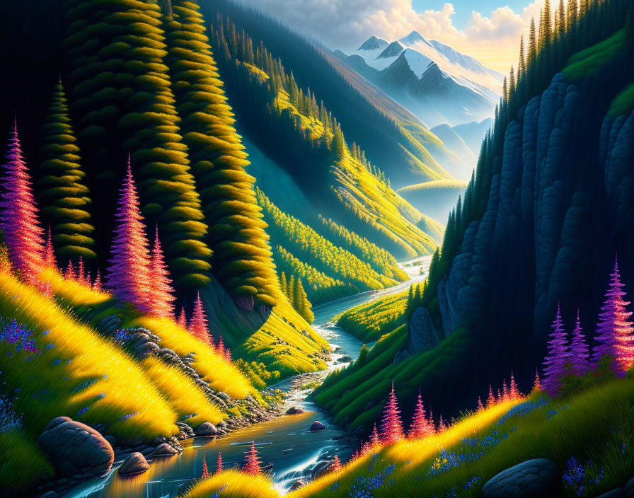 Colorful landscape with luminescent trees, winding river, and snow-capped mountains