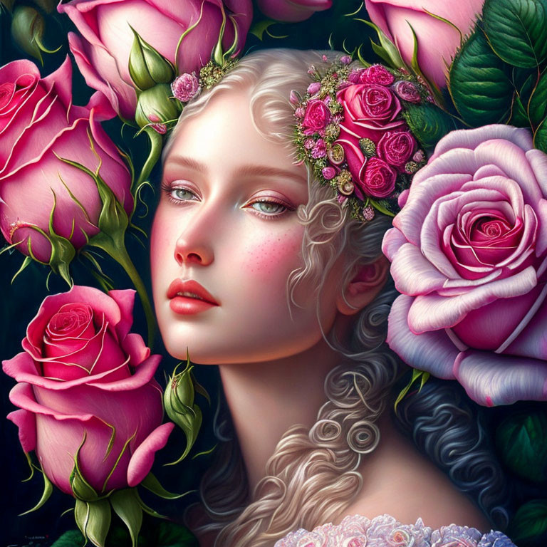 Fair-skinned woman with pink roses and floral hair in serene digital art