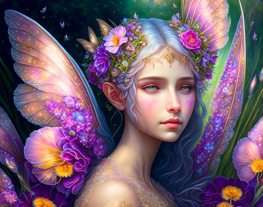 Fantasy female fairy with delicate wings in vibrant floral setting