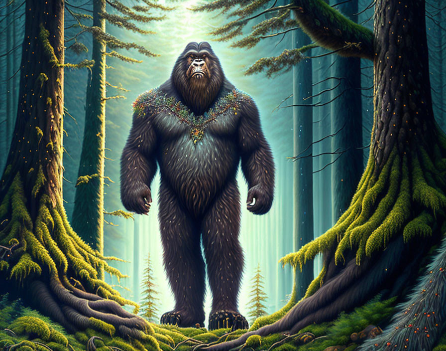 Majestic Bigfoot-like creature in lush forest setting