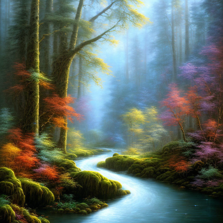 Tranquil Autumn Forest with Sunlight, Mist, and River