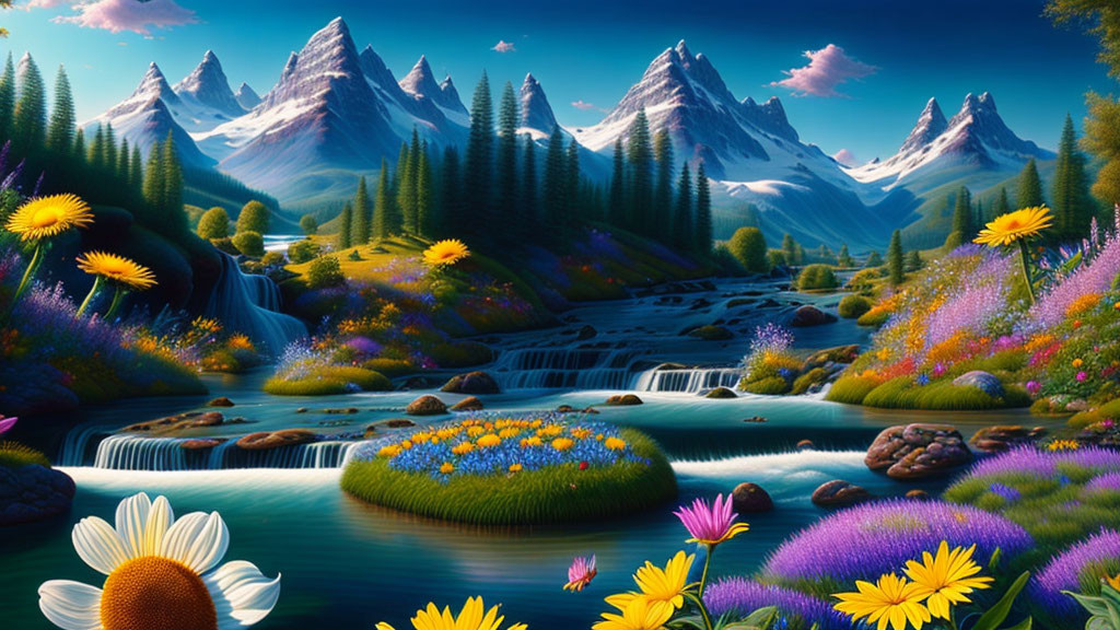 Scenic landscape with snowy mountains, waterfalls, river, greenery, and flowers