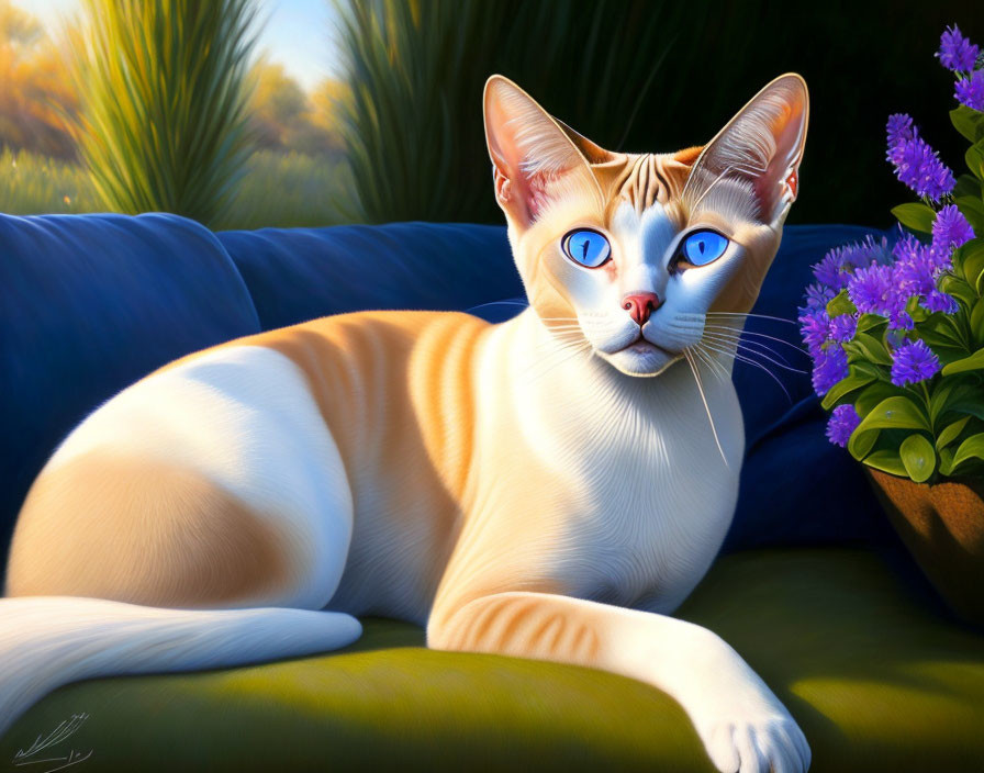 Illustrated Siamese Cat with Blue Eyes Lounging on Blue Cushion with Purple Flowers and