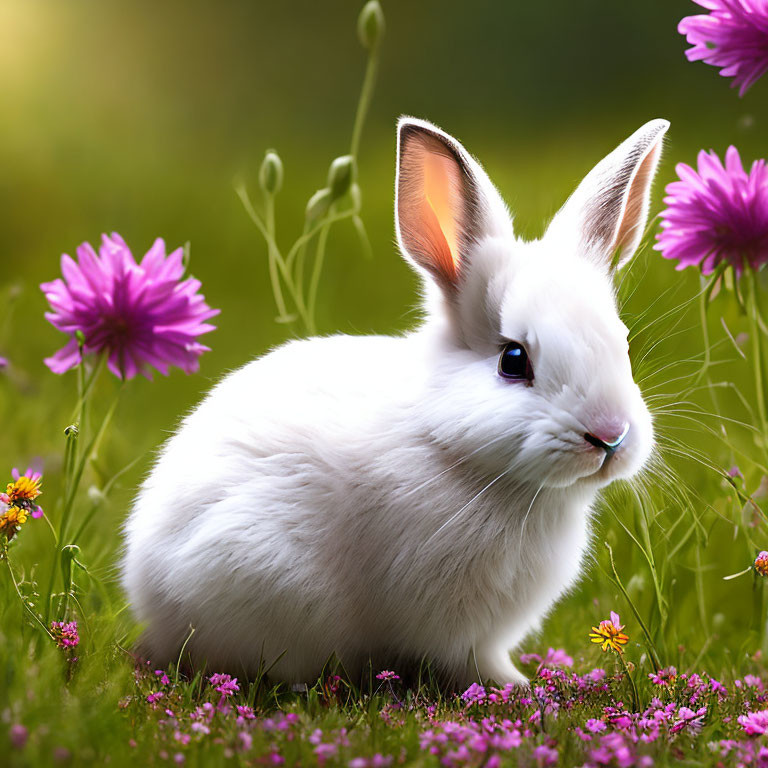 White Rabbit Surrounded by Green Grass and Pink Flowers