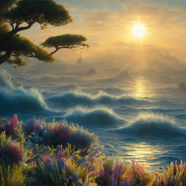 Sunrise over vast ocean with rolling waves, wildflowers, and solitary tree.
