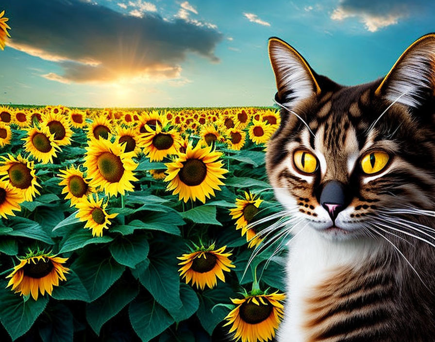 Tabby cat with yellow eyes in sunflower field at sunset