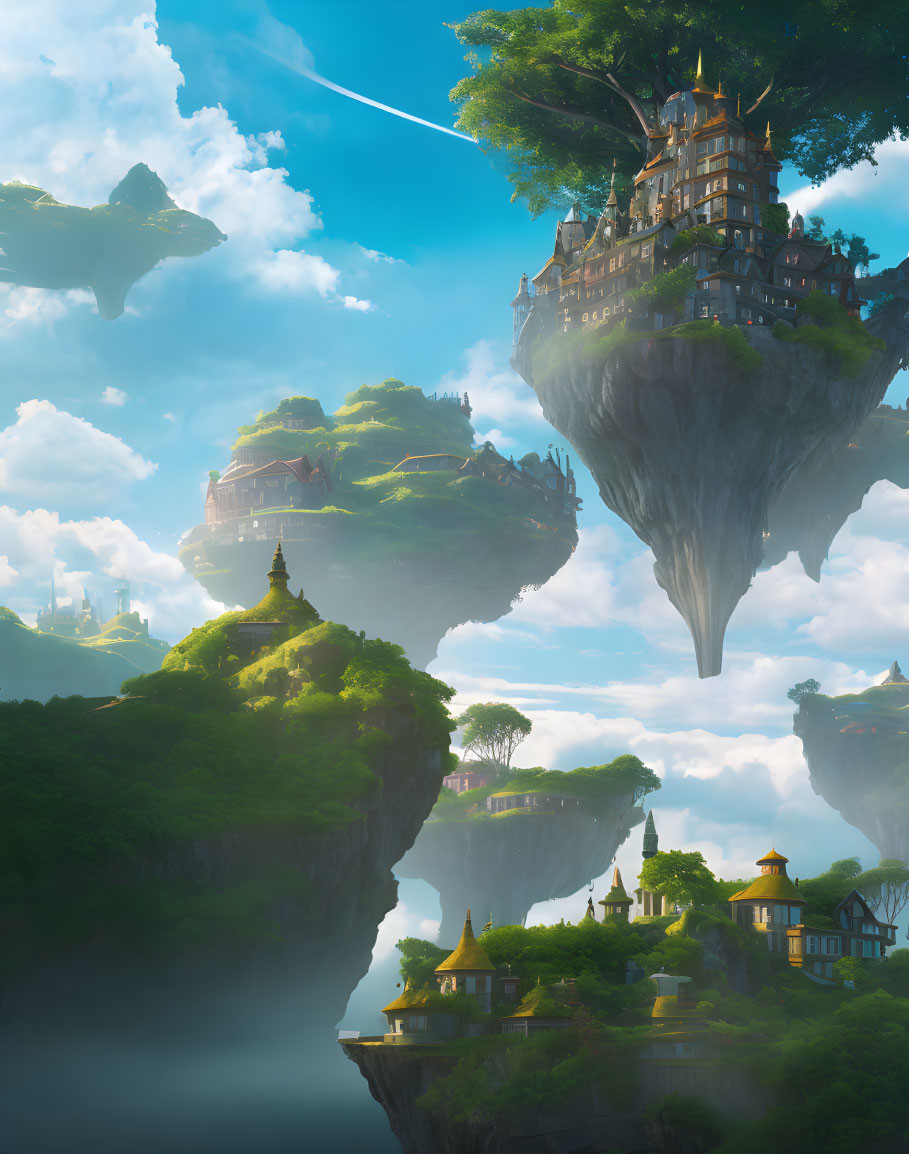 Lush greenery and elaborate buildings on fantasy floating islands