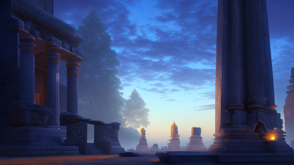 Ancient ruins and stone columns in misty forest twilight
