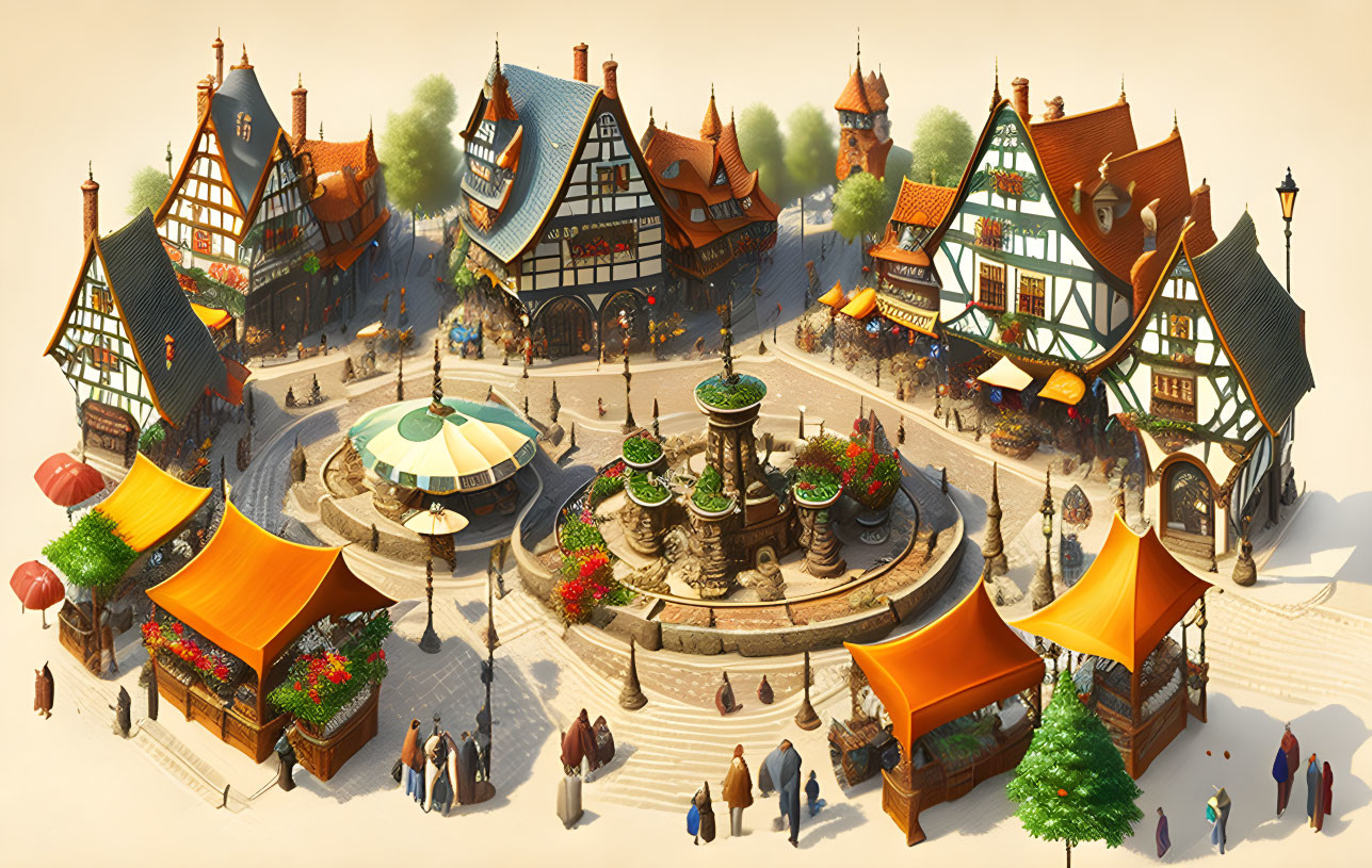 Picturesque village square with half-timbered houses, market stalls, and central fountain