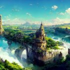Majestic castles and waterfalls in lush landscape