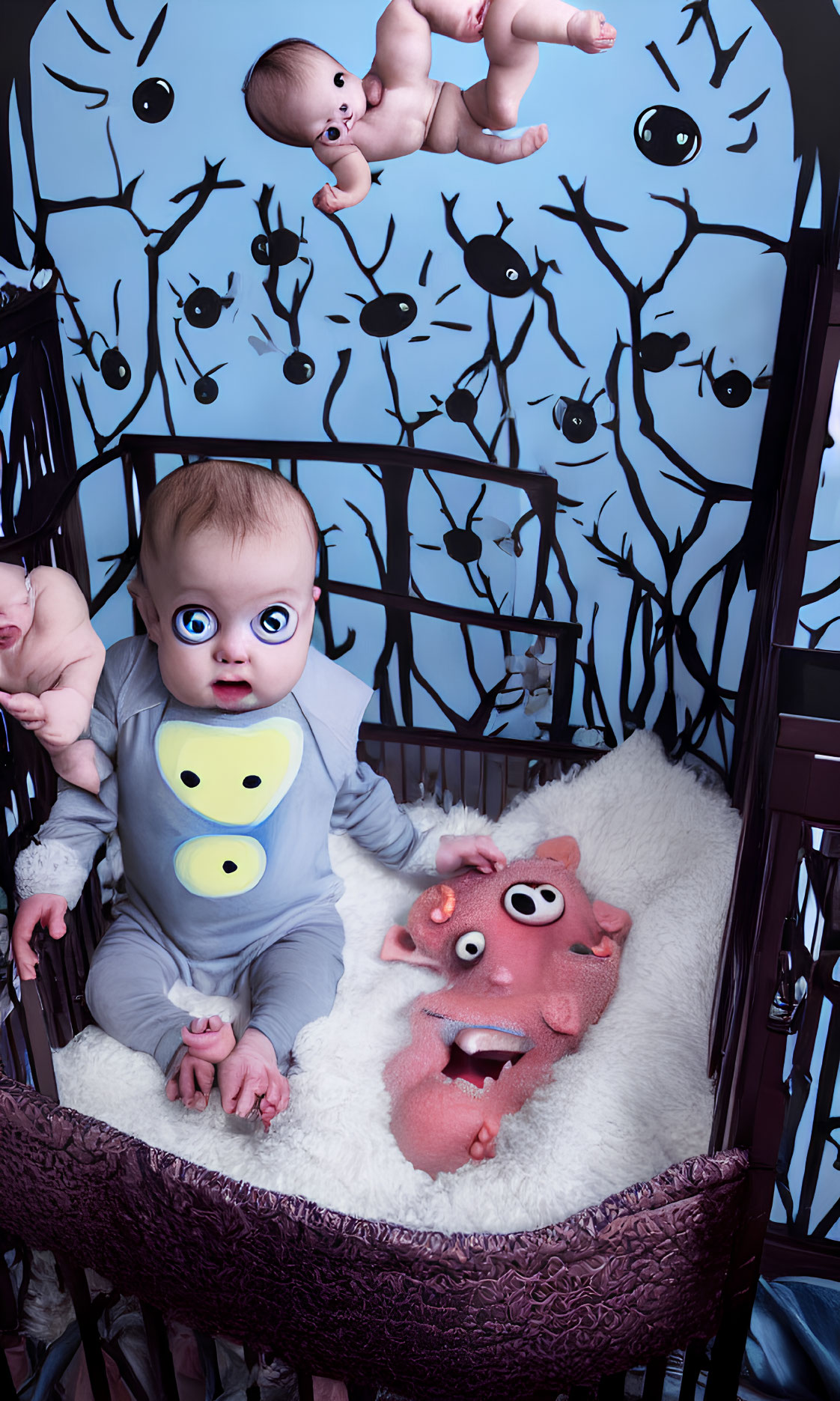 Baby in onesie with whimsical monster plush toy in fantasy crib