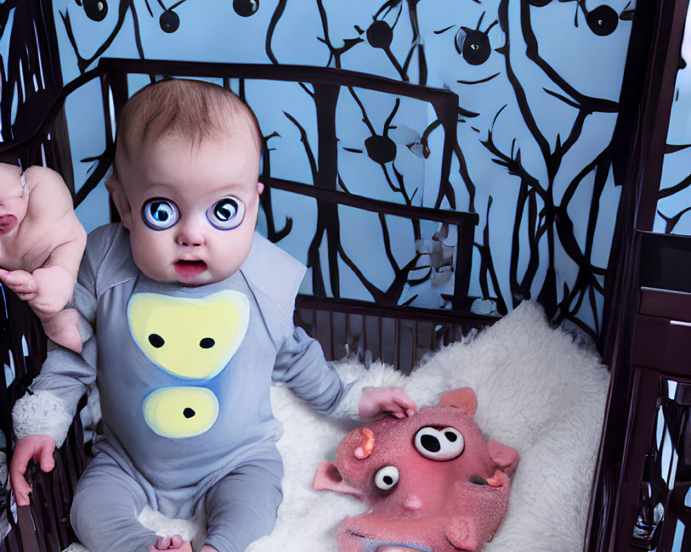 Baby in onesie with whimsical monster plush toy in fantasy crib