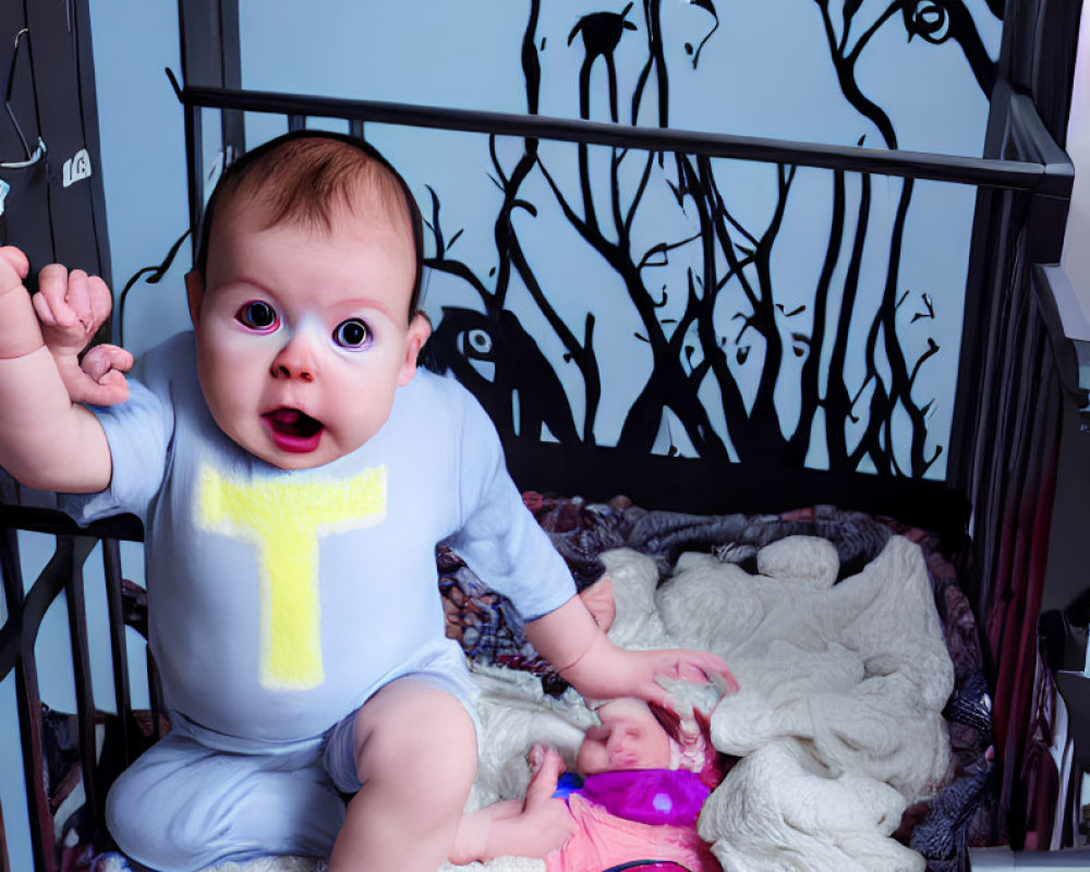 Baby in White Onesie Sitting in Yellow "T" Surrounded by Toys and Whimsical Wall