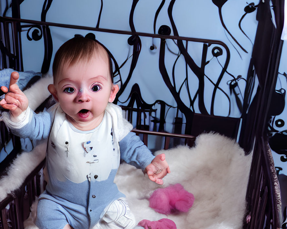 Wide-eyed baby in blue onesie in decorative crib with whimsical patterns