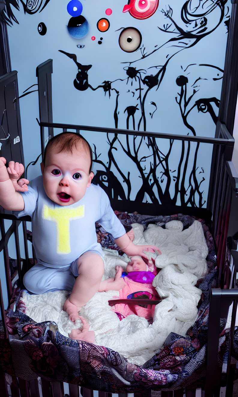 Baby in White Onesie Sitting in Yellow "T" Surrounded by Toys and Whimsical Wall