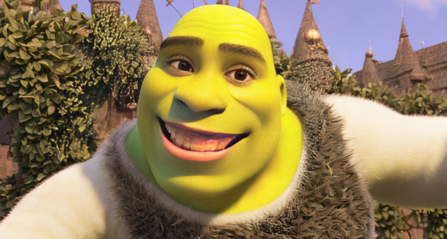 Green animated ogre smiling in brown vest against castle background