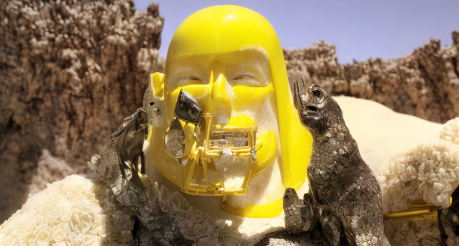 Yellow mask-like object held by textured figures on rocky background