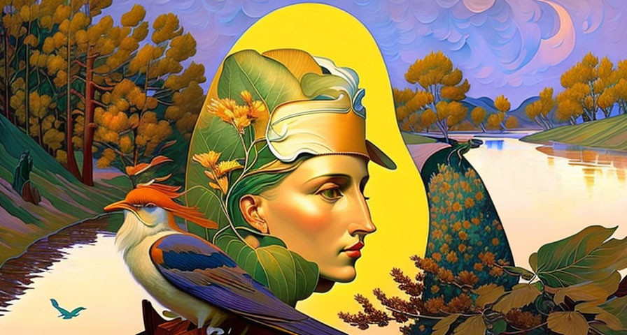 Surrealist artwork: person profile with helmet, autumnal nature, birds, serene river at dusk