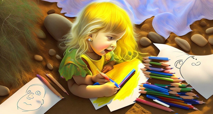 Blonde Child Drawing with Colored Pencils in Warm Setting