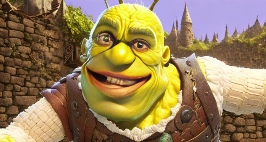 Animated ogre in brown vest smiling in front of castle.