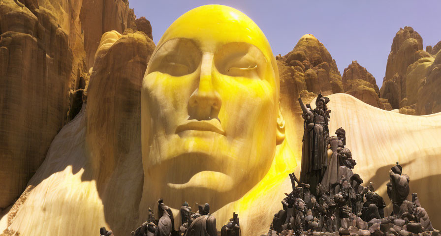 Golden Face Sculpture Surrounded by Miniature Figures in Sandy Landscape