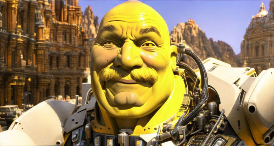 Bald Animated Character with Mechanical Body in Golden Architectural Setting