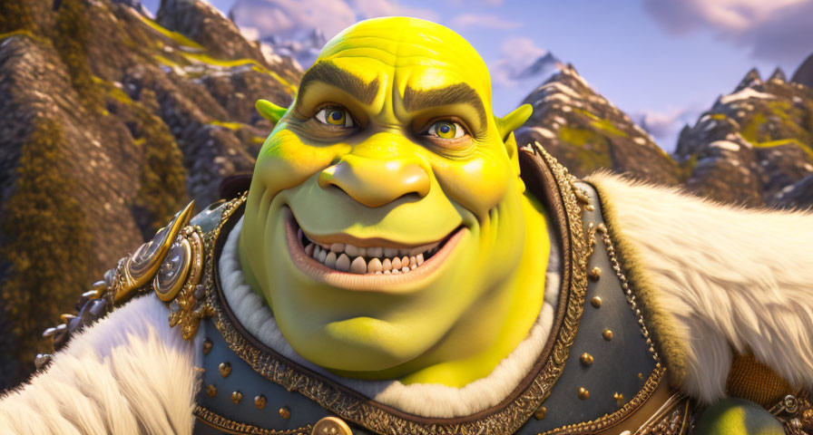 Animated ogre character smiling against mountainous terrain and clear sky