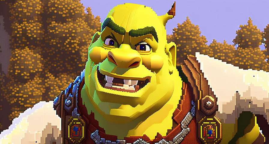 Stylized pixelated ogre character in green skin with forest backdrop
