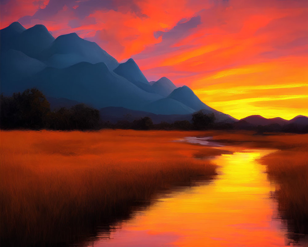 Scenic sunset over river meadow with mountain backdrop