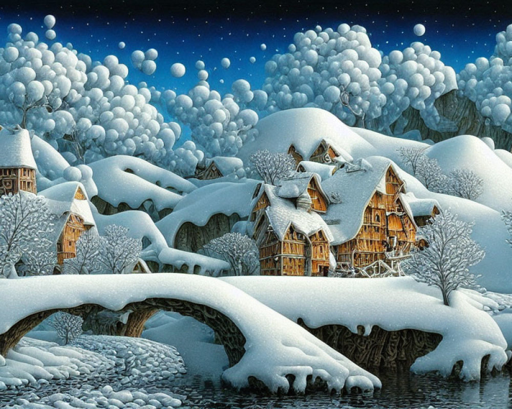 Snow-covered village with cozy houses, stone bridge, bare trees, and starry night sky