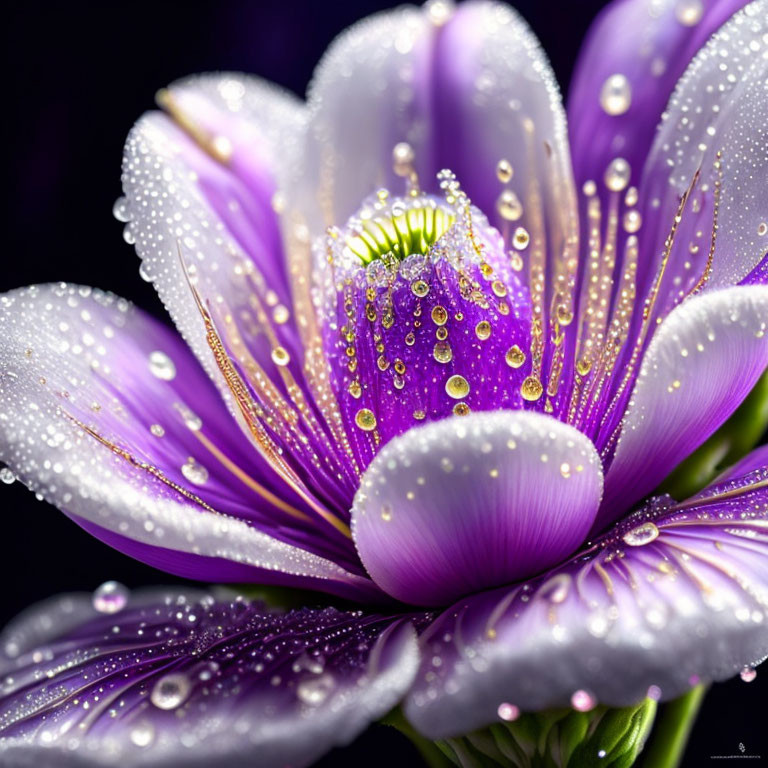 Purple Flower Close-Up: Water Droplets, Delicate Texture, Vibrant Colors