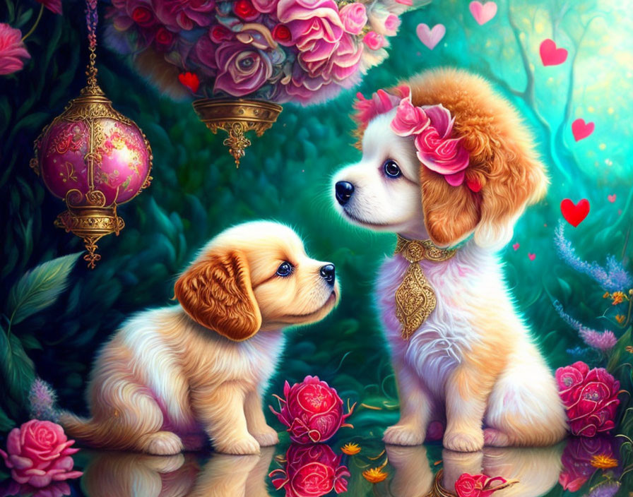 Fluffy puppies in rose garden with lantern and floating hearts