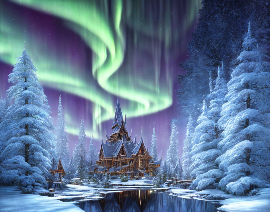 Snow-covered night landscape: traditional house under aurora borealis reflected in water
