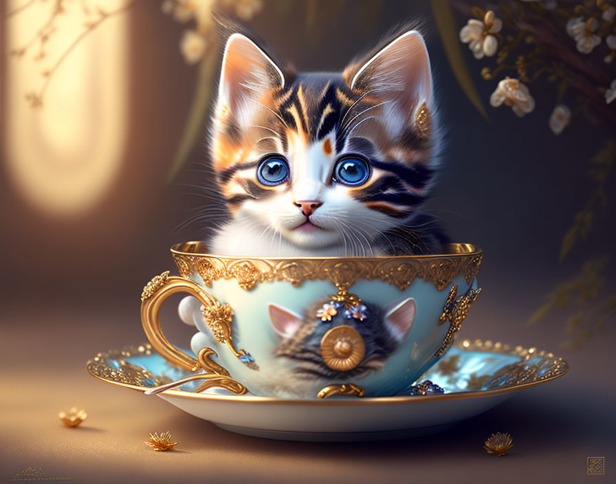 Wide-eyed kitten in gold-trimmed teacup among whimsical flowers