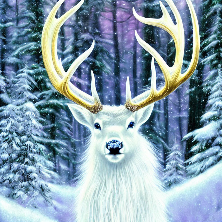 White stag with golden antlers in snowy forest scene