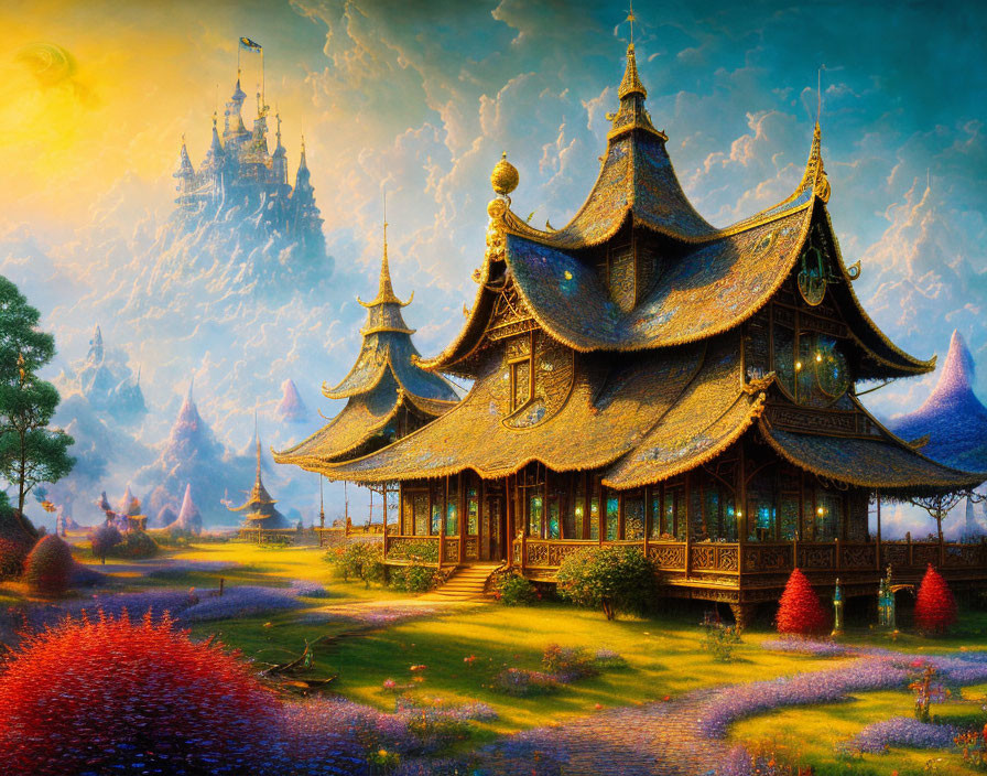 Colorful Asian-style fantasy landscape with floating castle in dreamy sky